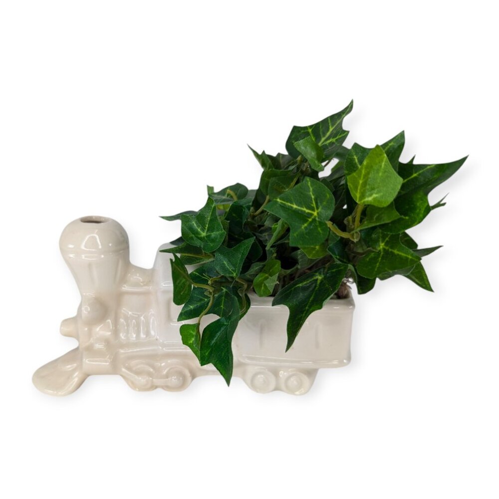 Ceramic Train Off White Planter w/Fake Ivy